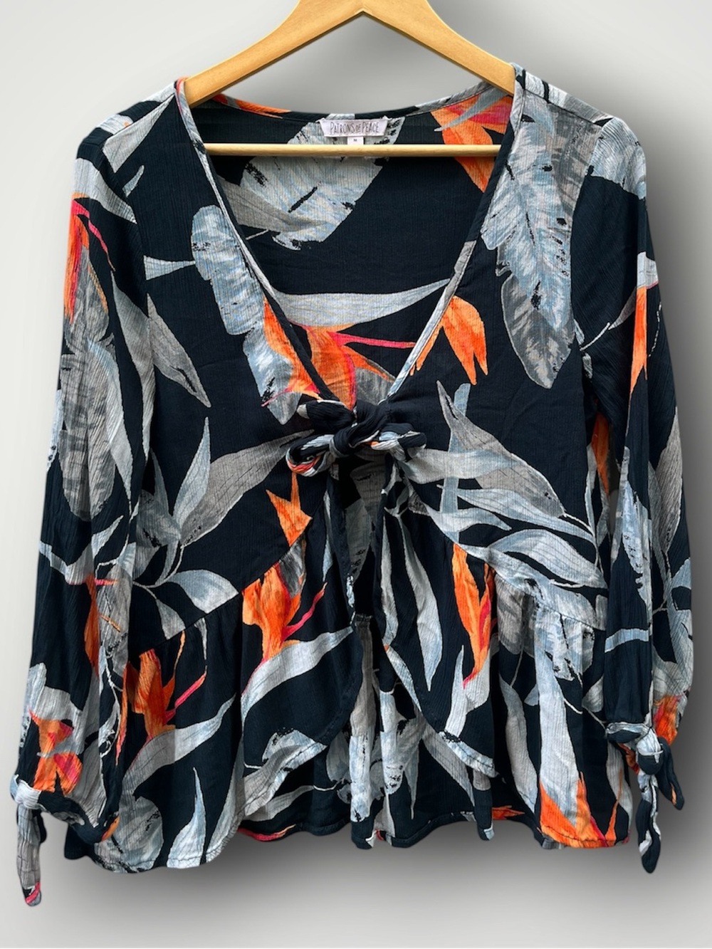 Patrons of Peace Boho Flowy Tropical Floral Tie Long Sleeve Peplum Top